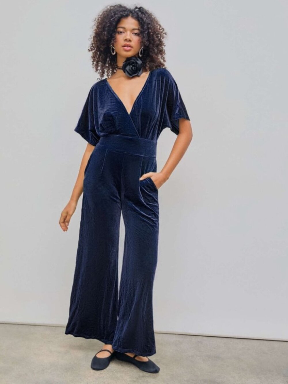 Cider Velvet V-neck Solid Ruffle Jumpsuit Size L